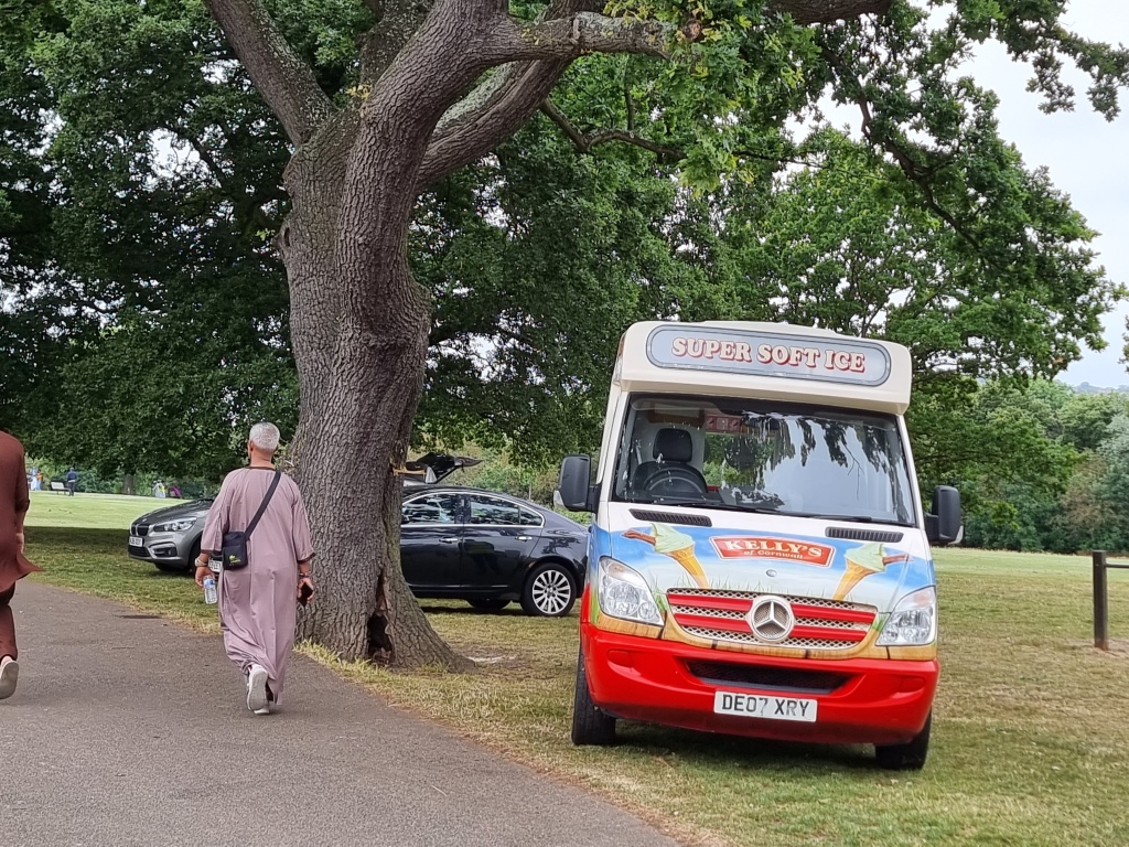 Vehicles carelessly parked on grass beneath a veteran oak within its root protection area at Mountsfield Park, Lewisham, causing harm to the tree due to soil compaction - 2023.